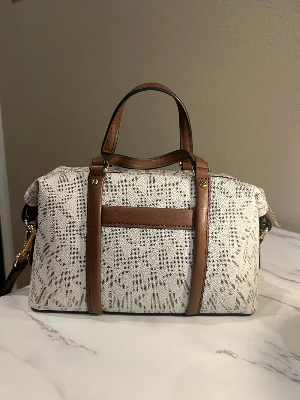 Michael Kors Cream and Brown Logo Dome Satchel
